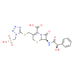 ChemSpider 2D Image | (7R)-7-{[(2R)-2-Hydroxy-2-phenylacetyl]amino}-8-oxo-3-({[1-(sulfomethyl)-1H-tetrazol-5-yl]sulfanyl}methyl)-5-thia-1-azabicyclo[4.2.0]oct-2-ene-2-carboxylic acid | C18H18N6O8S3