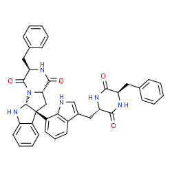 ChemSpider 2D Image | (3R,5aR,10bR,11aS)-3-Benzyl-10b-(3-{[(2S,5R)-5-benzyl-3,6-dioxo-2-piperazinyl]methyl}-1H-indol-7-yl)-6,10b,11,11a-tetrahydro-2H-pyrazino[1',2':1,5]pyrrolo[2,3-b]indole-1,4(3H,5aH)-dione | C40H36N6O4