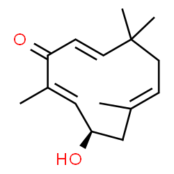 ChemSpider 2D Image | (2E,4R,6E,10E)-4-Hydroxy-2,6,9,9-tetramethyl-2,6,10-cycloundecatrien-1-one | C15H22O2