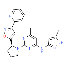 ChemSpider 2D Image | 6-Methyl-N-(5-methyl-1H-pyrazol-3-yl)-2-{(2S)-2-[3-(2-pyridinyl)-1,2-oxazol-5-yl]-1-pyrrolidinyl}-4-pyrimidinamine | C21H22N8O