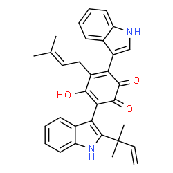 ChemSpider 2D Image | 4-Hydroxy-6-(1H-indol-3-yl)-5-(3-methyl-2-buten-1-yl)-3-[2-(2-methyl-3-buten-2-yl)-1H-indol-3-yl]-1,2-benzoquinone | C32H30N2O3