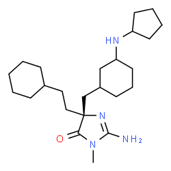 ChemSpider 2D Image | (5R)-2-Amino-5-(2-cyclohexylethyl)-5-{[3-(cyclopentylamino)cyclohexyl]methyl}-3-methyl-3,5-dihydro-4H-imidazol-4-one | C24H42N4O