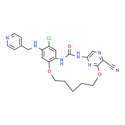 ChemSpider 2D Image | 7-Chloro-3-oxo-8-[(4-pyridinylmethyl)amino]-11,17-dioxa-2,4,20,22-tetraazatricyclo[16.3.1.0~5,10~]docosa-1(22),5,7,9,18,20-hexaene-19-carbonitrile | C23H22ClN7O3