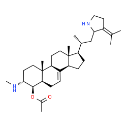 ChemSpider 2D Image | (3R,4R,5R,9R,10R,13R,14R,17R)-17-[(2R)-1-(3-Isopropylidene-2-pyrrolidinyl)-2-propanyl]-10,13-dimethyl-3-(methylamino)-2,3,4,5,6,9,10,11,12,13,14,15,16,17-tetradecahydro-1H-cyclopenta[a]phenanthren-4-y
l acetate | C32H52N2O2