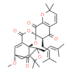 ChemSpider 2D Image | (1'S,2'S,6R,7S,9'R,11'S)-9'-Methoxy-2,2,13',13'-tetramethyl-6,11'-bis(3-methyl-2-buten-1-yl)-6'H,10'H-spiro[chromene-7,4'-[3,5,12]trioxatetracyclo[7.4.1.0~2,7~.0~2,11~]tetradec[7]ene]-5,6',8,10'(2H,6H
)-tetrone | C34H40O9