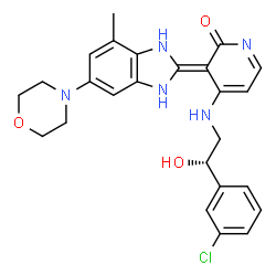 ChemSpider 2D Image | 4-[[(2S)-2-(3-chlorophenyl)-2-hydroxyethyl]amino]-3-[4-methyl-6-(4-morpholinyl)-1,3-dihydrobenzimidazol-2-ylidene]-2-pyridinone | C25H26ClN5O3