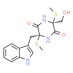 ChemSpider 2D Image | (3S,6S)-3-(Hydroxymethyl)-6-(1H-indol-3-ylmethyl)-3,6-bis(methylsulfanyl)-2,5-piperazinedione | C16H19N3O3S2