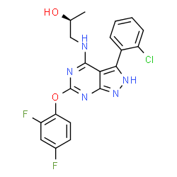 ChemSpider 2D Image | (2S)-1-{[3-(2-chlorophenyl)-6-(2,4-difluorophenoxy)-1H-pyrazolo[3,4-D]pyrimidin-4-yl]amino}propan-2-ol | C20H16ClF2N5O2