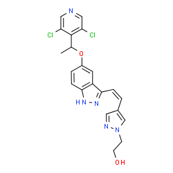 ChemSpider 2D Image | 2-{4-[(Z)-2-{5-[1-(3,5-Dichloro-4-pyridinyl)ethoxy]-1H-indazol-3-yl}vinyl]-1H-pyrazol-1-yl}ethanol | C21H19Cl2N5O2