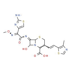ChemSpider 2D Image | (7E)-7-{[(2E)-2-(2-Amino-1,3-thiazol-4-yl)-2-(methoxyimino)acetyl]imino}-8-hydroxy-3-[(E)-2-(4-methyl-1,3-thiazol-5-yl)vinyl]-5-thia-1-azabicyclo[4.2.0]oct-2-ene-2-carboxylic acid | C19H18N6O5S3