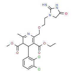 ChemSpider 2D Image | 5-Ethyl 3-methyl 4-(2,3-dichlorophenyl)-6-{[2-(2-imino-4-oxo-1-imidazolidinyl)ethoxy]methyl}-2-methyl-3,4-dihydro-3,5-pyridinedicarboxylate | C23H26Cl2N4O6