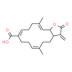 ChemSpider 2D Image | (6Z,10E,14E)-6,14-Dimethyl-3-methylene-2-oxo-2,3,3a,4,5,8,9,12,13,15a-decahydrocyclotetradeca[b]furan-10-carboxylic acid | C20H26O4