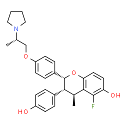 ChemSpider 2D Image | (2R,3R,4S)-5-Fluoro-3-(4-hydroxyphenyl)-4-methyl-2-{4-[(2S)-2-(1-pyrrolidinyl)propoxy]phenyl}-6-chromanol | C29H32FNO4