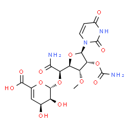 ChemSpider 2D Image | (2S,3S,4S)-2-{(1R)-2-Amino-1-[(2S,3R,4R,5R)-4-(carbamoyloxy)-5-(2,4-dioxo-3,4-dihydro-1(2H)-pyrimidinyl)-3-methoxytetrahydro-2-furanyl]-2-oxoethoxy}-3,4-dihydroxy-3,4-dihydro-2H-pyran-6-carboxylic aci
d | C18H22N4O13