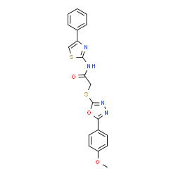 ChemSpider 2D Image | 2-{[5-(4-Methoxyphenyl)-1,3,4-oxadiazol-2-yl]sulfanyl}-N-(4-phenyl-1,3-thiazol-2-yl)acetamide | C20H16N4O3S2