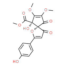 ChemSpider 2D Image | Methyl (5S,6R)-6-hydroxy-2-(4-hydroxyphenyl)-7,8-dimethoxy-4,9-dioxo-1-oxaspiro[4.4]nona-2,7-diene-6-carboxylate | C18H16O9