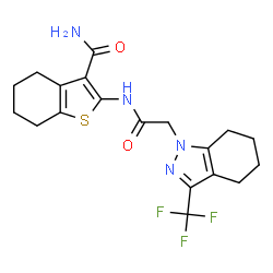 ChemSpider 2D Image | 2-({[3-(Trifluoromethyl)-4,5,6,7-tetrahydro-1H-indazol-1-yl]acetyl}amino)-4,5,6,7-tetrahydro-1-benzothiophene-3-carboxamide | C19H21F3N4O2S