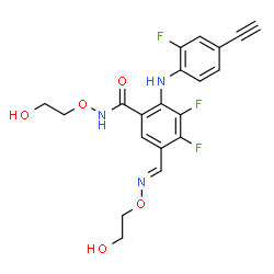 ChemSpider 2D Image | 2-[(4-Ethynyl-2-Fluorophenyl)amino]-3,4-Difluoro-N-(2-Hydroxyethoxy)-5-{[(2-Hydroxyethoxy)imino]methyl}benzamide | C20H18F3N3O5