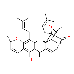 ChemSpider 2D Image | (1S,2S,17S,19R)-12-Hydroxy-8,8,21,21-tetramethyl-5,19-bis(3-methyl-2-buten-1-yl)-3,7,20-trioxahexacyclo[15.4.1.0~2,15~.0~2,19~.0~4,13~.0~6,11~]docosa-4(13),5,9,11,15-pentaene-14,18-dione | C33H38O6