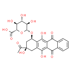 ChemSpider 2D Image | (1R,3R)-3-Acetyl-3,5,12-trihydroxy-6,11-dioxo-1,2,3,4,6,11-hexahydro-1-tetracenyl beta-D-glucopyranosiduronic acid | C26H24O13