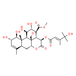 ChemSpider 2D Image | Methyl (1beta,2alpha,11beta,12alpha,13beta,15beta)-1,2,11,12-tetrahydroxy-15-{[(2E)-4-hydroxy-3,4-dimethyl-2-pentenoyl]oxy}-16-oxo-13,20-epoxypicras-3-en-21-oate | C28H38O12
