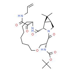 ChemSpider 2D Image | 2-Methyl-2-propanyl {(3R,13R,16aS,17aR,17bS)-3-[(allylamino)(oxo)acetyl]-17,17-dimethyl-1,14-dioxohexadecahydro-2H,12H-cyclopropa[3,4]pyrrolo[1,2-e][1,5,8]oxadiazacyclohexadecin-13-yl}carbamate | C29H46N4O7
