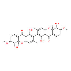 ChemSpider 2D Image | (5R,5'R,6S,6'S,10aR,10a'R)-1,1',5,5'-Tetrahydroxy-6,6'-dimethoxy-3,3',10a,10a'-tetramethyl-5,5',6,6',7,7',10a,10a'-octahydro-9H,9'H-2,2'-bixanthene-9,9'-dione | C32H34O10