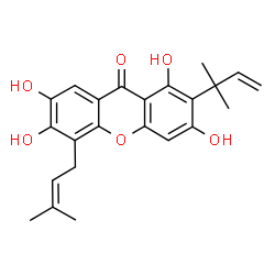 ChemSpider 2D Image | 1,3,6,7-Tetrahydroxy-2-(2-methyl-3-buten-2-yl)-5-(3-methyl-2-buten-1-yl)-9H-xanthen-9-one | C23H24O6