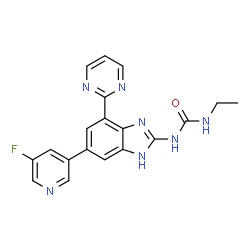 ChemSpider 2D Image | 1-Ethyl-3-[6-(5-fluoro-3-pyridinyl)-4-(2-pyrimidinyl)-1H-benzimidazol-2-yl]urea | C19H16FN7O