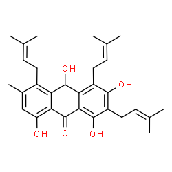 ChemSpider 2D Image | 1,3,8,10-Tetrahydroxy-6-methyl-2,4,5-tris(3-methyl-2-buten-1-yl)-9(10H)-anthracenone | C30H36O5