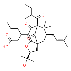ChemSpider 2D Image | 3-[(1S,3S,8S,10S)-3-(2-Hydroxy-2-propanyl)-9,9-dimethyl-8-(2-methylbutanoyl)-10-(3-methyl-2-buten-1-yl)-7,12-dioxo-4-oxatricyclo[6.3.1.0~1,5~]dodec-5-en-6-yl]hexanoic acid | C32H48O7