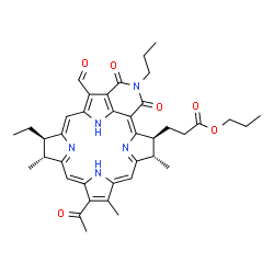 ChemSpider 2D Image | Propyl 3-[(1E,10Z,12R,13R,15Z,19Z,22S,23S)-17-acetyl-12-ethyl-27-formyl-13,18,22-trimethyl-3,5-dioxo-4-propyl-4,8,24,25,26-pentaazahexacyclo[19.2.1.1~6,9~.1~11,14~.1~16,19~.0~2,7~]heptacosa-1,6,9(27),
10,14(26),15,17,19,21(24)-nonaen-23-yl]propanoate | C39H45N5O6