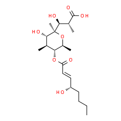 ChemSpider 2D Image | 4,8-Anhydro-2,6,9-trideoxy-7-O-[(2E,4S)-4-hydroxyoct-2-enoyl]-2,4,6-trimethyl-L-arabino-L-manno-nononic acid | C20H34O8