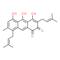 ChemSpider 2D Image | 4,5,10-Trihydroxy-7-methyl-3,8-bis(3-methyl-2-buten-1-yl)-1,2-anthracenedione | C25H26O5