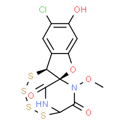 ChemSpider 2D Image | (1S,9S)-6-Chloro-5-hydroxy-17-methoxy-2-oxa-10,11,12,13-tetrathia-15,17-diazatetracyclo[12.2.2.0~1,9~.0~3,8~]octadeca-3,5,7-triene-16,18-dione | C12H9ClN2O5S4