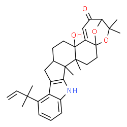 ChemSpider 2D Image | 19-Hydroxy-4,5,24,24-tetramethyl-12-(2-methyl-3-buten-2-yl)-25,26-dioxa-7-azaheptacyclo[21.2.1.0~1,20~.0~4,19~.0~5,16~.0~6,14~.0~8,13~]hexacosa-6(14),8,10,12,20-pentaen-22-one | C32H39NO4