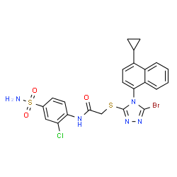 ChemSpider 2D Image | 2-{[5-Bromo-4-(4-cyclopropyl-1-naphthyl)-4H-1,2,4-triazol-3-yl]sulfanyl}-N-(2-chloro-4-sulfamoylphenyl)acetamide | C23H19BrClN5O3S2