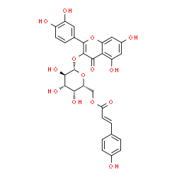 ChemSpider 2D Image | 2-(3,4-Dihydroxyphenyl)-5,7-dihydroxy-4-oxo-4H-chromen-3-yl 6-O-[(2E)-3-(4-hydroxyphenyl)-2-propenoyl]-beta-D-galactopyranoside | C30H26O14