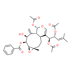 ChemSpider 2D Image | (1aS,3aS,7S,7aR,9S,10S,10aS)-7-Acetoxy-4-[(1S,2R)-1,2-diacetoxy-4-methyl-3-penten-1-yl]-9-hydroxy-1a-methyl-8-methylene-1a,2,3,3a,7,7a,8,9,10,10a-decahydrooxireno[5,6]cyclonona[1,2-c]pyran-10-yl benzo
ate | C33H40O11