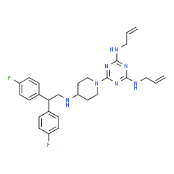 ChemSpider 2D Image | N,N'-Diallyl-6-(4-{[2,2-bis(4-fluorophenyl)ethyl]amino}-1-piperidinyl)-1,3,5-triazine-2,4-diamine | C28H33F2N7