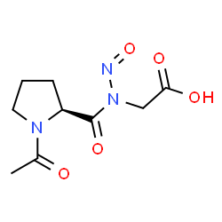 ChemSpider 2D Image | [{[(2S)-1-Acetyl-2-pyrrolidinyl]carbonyl}(nitroso)amino]acetic acid | C9H13N3O5