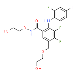 ChemSpider 2D Image | 3,4-Difluoro-2-[(2-fluoro-4-iodophenyl)amino]-N-(2-hydroxyethoxy)-5-[(2-hydroxyethoxy)methyl]benzamide | C18H18F3IN2O5