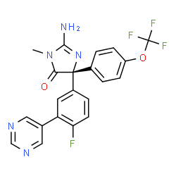 ChemSpider 2D Image | (5R)-2-amino-5-(4-fluoro-3-pyrimidin-5-ylphenyl)-3-methyl-5-[4-(trifluoromethoxy)phenyl]-3,5-dihydro-4H-imidazol-4-one | C21H15F4N5O2
