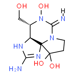 ChemSpider 2D Image | (3aS,4R,6Z)-2-Amino-4-(hydroxymethyl)-6-imino-3a,4-dihydro-3H,8H-pyrrolo[1,2-c]purine-5,10,10(6H,9H)-triol | C9H16N6O4