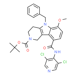 ChemSpider 2D Image | 2-Methyl-2-propanyl 5-benzyl-9-[(3,5-dichloro-4-pyridinyl)carbamoyl]-6-methoxy-1,3,4,5-tetrahydro-2H-pyrido[4,3-b]indole-2-carboxylate | C30H30Cl2N4O4