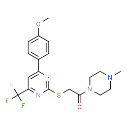 ChemSpider 2D Image | 2-{[4-(4-Methoxyphenyl)-6-(trifluoromethyl)-2-pyrimidinyl]sulfanyl}-1-(4-methyl-1-piperazinyl)ethanone | C19H21F3N4O2S
