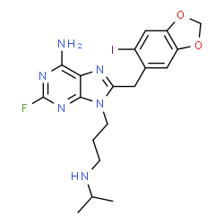 ChemSpider 2D Image | 2-Fluoro-8-[(6-iodo-1,3-benzodioxol-5-yl)methyl]-9-[3-(isopropylamino)propyl]-9H-purin-6-amine | C19H22FIN6O2