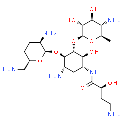 ChemSpider 2D Image | (2S)-4-Amino-N-{(1R,2S,3R,4R,5S)-5-amino-3-[(4-amino-4,6-dideoxy-beta-D-glucopyranosyl)oxy]-4-[(2,6-diamino-2,3,4,6-tetradeoxy-alpha-D-erythro-hexopyranosyl)oxy]-2-hydroxycyclohexyl}-2-hydroxybutanami
de | C22H44N6O9