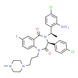 ChemSpider 2D Image | (3S)-4-[(1R)-1-(2-Amino-4-chlorophenyl)ethyl]-3-(4-chlorophenyl)-7-iodo-1-[3-(4-methyl-1-piperazinyl)propyl]-3,4-dihydro-1H-1,4-benzodiazepine-2,5-dione | C31H34Cl2IN5O2