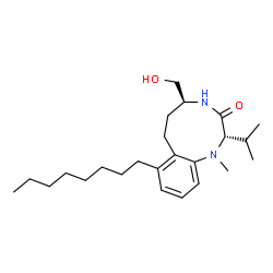ChemSpider 2D Image | (2S,5S)-5-(Hydroxymethyl)-2-isopropyl-1-methyl-8-octyl-1,2,4,5,6,7-hexahydro-3H-1,4-benzodiazonin-3-one | C24H40N2O2